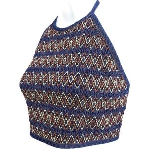 Vintage 90s Express Bleus Denim Halter Smocked Top Textured Tie Back M